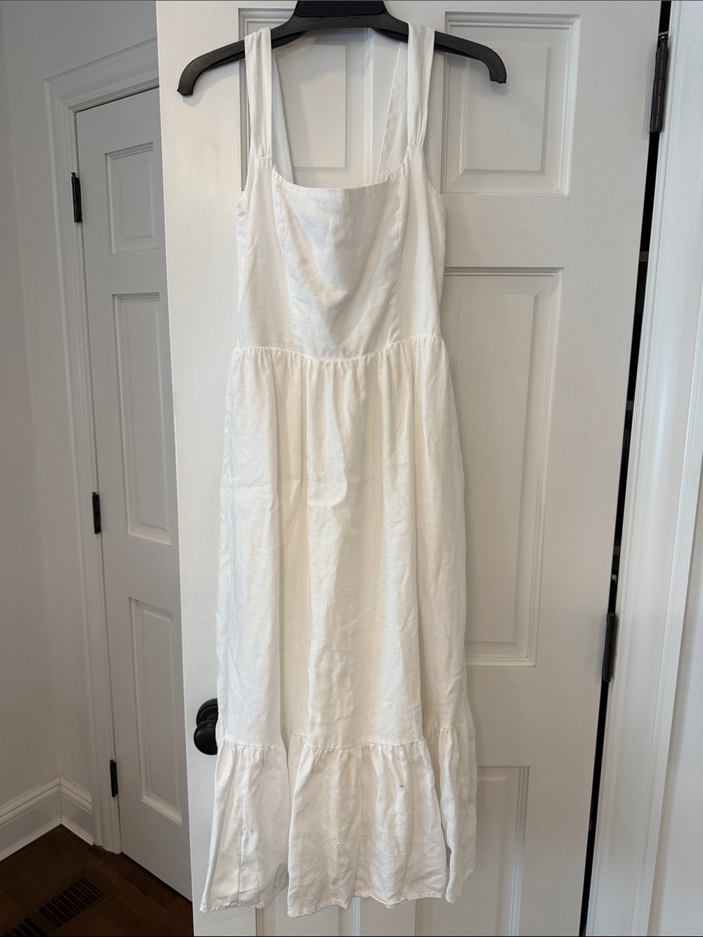 Reformation White Maxi Dress with Square Neck and Ruffle Hem